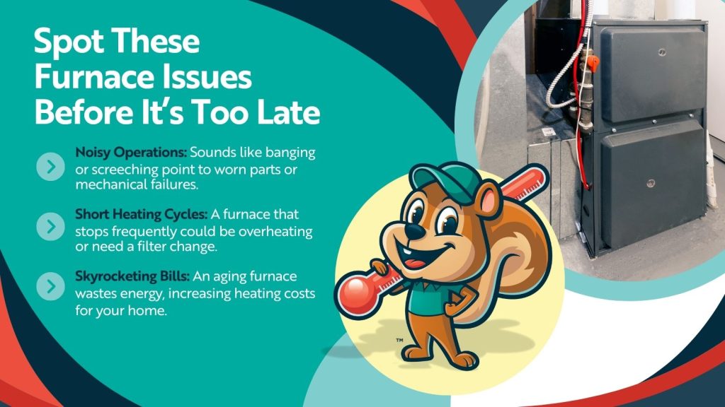 This is an image of the Cheeky mascot overlaid on a picture of a furnace. The headline reads; Spot These Furnace Issues Before It's Too Late.