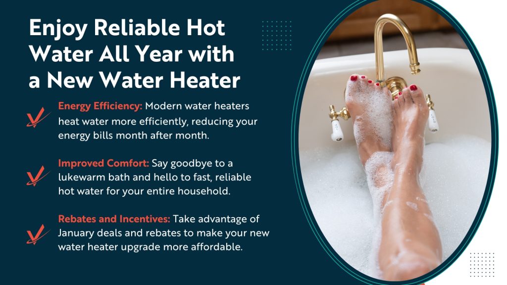 This is an image showing a women's feet while she enjoys a warm, relaxing, bath. The headline reads; Enjoy reliable hot wanter all year with a new water heater.