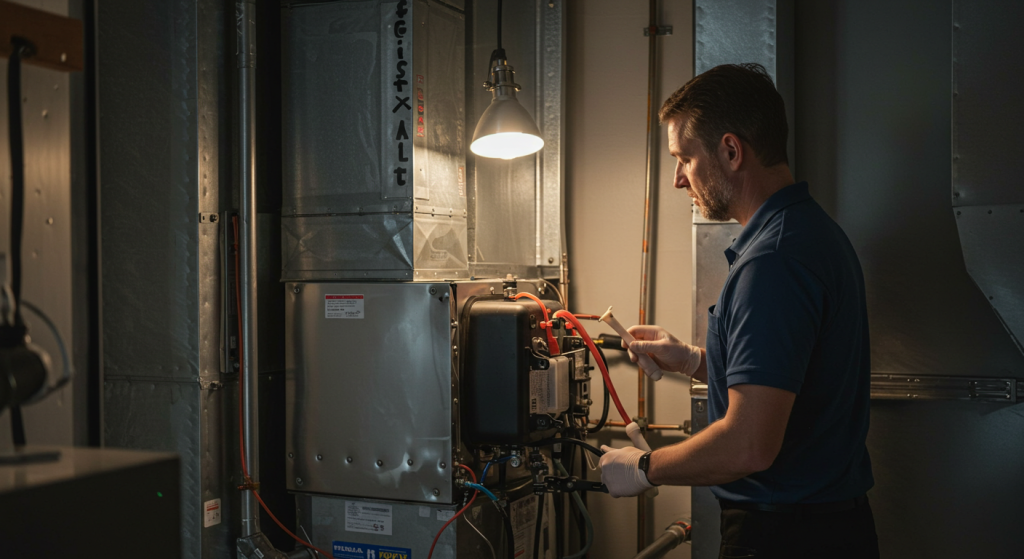 HVAC technician inspecting and performing maintenance on a furnace in a residential setting, illuminated by a work light