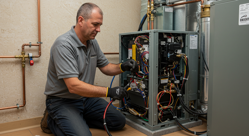 HVAC technician servicing and troubleshooting a furnace system, surrounded by copper piping and electrical components.