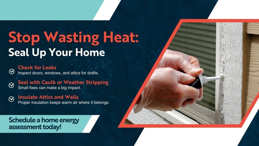 This is an image of a person caulking a window frame. The headline reads; Stop wasting heat: seal up your home.